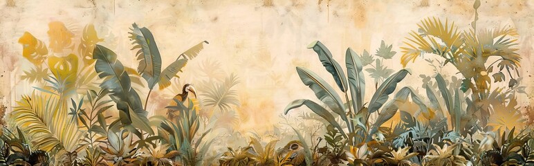 Obraz premium Modern wallpaper. Watercolor jungle illustration. Crane bird elements, watercolor painting wallpaper. Mural wallpaper. AI generated illustration