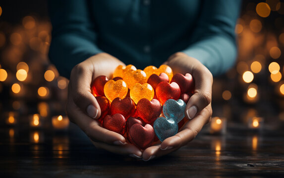 A persons hands hold a collection of colorful heart shaped candies against a background of warm, blurry lights