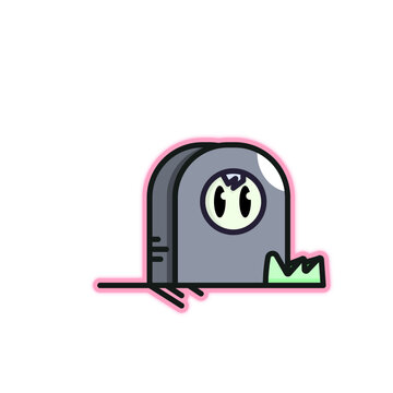 Cute Illustrated Tombstone whimsical design, vibrant colors, playful elements, friendly character, cartoon style, lighthearted atmosphere, imaginative details, creative interpretation,cheerful, spooky