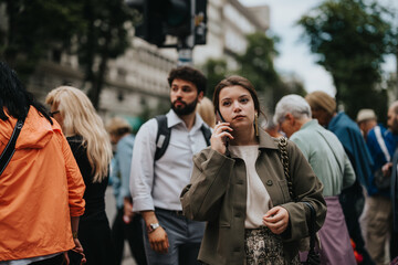 Young business woman talking on phone in a crowded outdoor urban area. A mix of busy professionals...