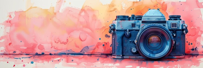 Vintage photo camera on watercolor background with copy space, illustration. World Photography Day