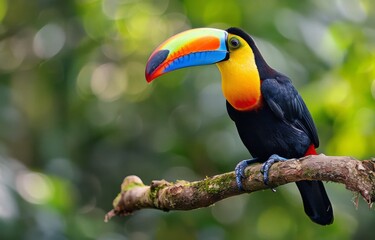 Colorful Toucan Perched on Branch in Tropical Rainforest