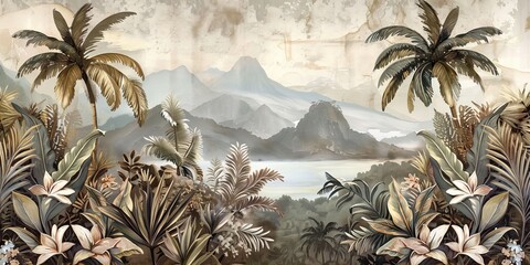 Tropical forest landscape wallpaper design - Mural wallpaper - 3D illustration. AI generated illustration