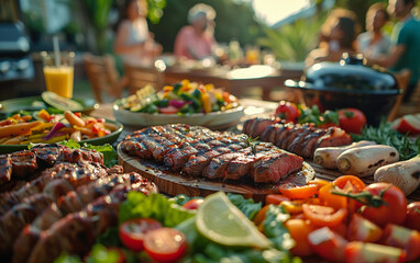 Fototapeta premium Close up of a table spread with grilled steak, roasted vegetables, and salads for an outdoor barbecue
