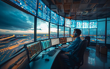 An air traffic controller sits in a control tower at night, monitoring the airspace with multiple computer screens and a headset