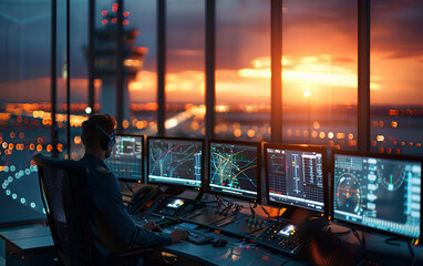 A lone air traffic controller monitors flight patterns on multiple computer screens in a tower overlooking an airport runway during sunset