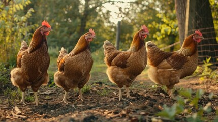 Fototapeta premium Four Brown Hens in a Rural Setting