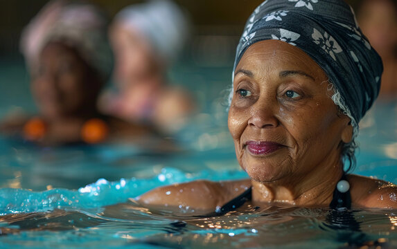 A senior woman with a patterned swim cap is swimming laps in an indoor pool during a water aerobics class