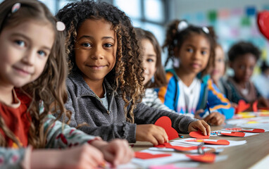 A group of young students are making paper hearts in a classroom setting