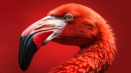 Close-up of a vibrant red flamingo against a red background. Generative AI image