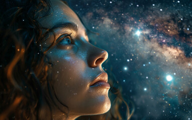 A young woman with dark, wavy hair stares up at the night sky, illuminated by the bright stars and a visible Milky Way Galaxy