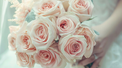 A wedding bouquet of light roses in the hands of the bride Beige and pink flowers Composition of gentle roses : Generative AI