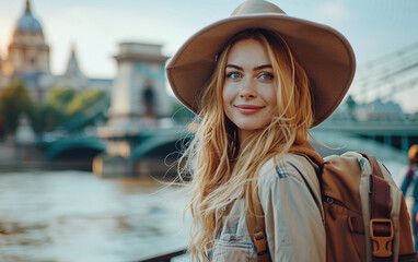 A young woman tourist with a backpack smiles as she looks at the camera while standing by a river in a European city