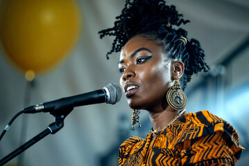 Woman Singing Into Microphone at a Trade Show. Generative AI