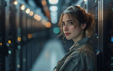 A young woman stands in a data center server room, looking over her shoulder with a confident expression