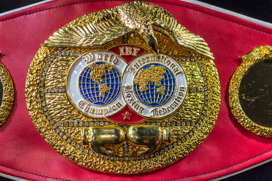 Ukraine. Fragment, the main part of the Boxing IBF championship belt. World champion. International boxing federation. Exhibition-museum of the Klitschko brothers in Kiev.