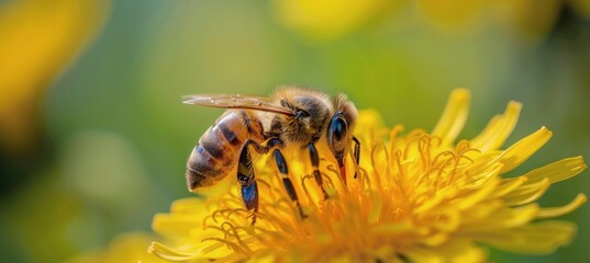 A Honey Bee Gathering Pollen on a Dandelion in Sunlight