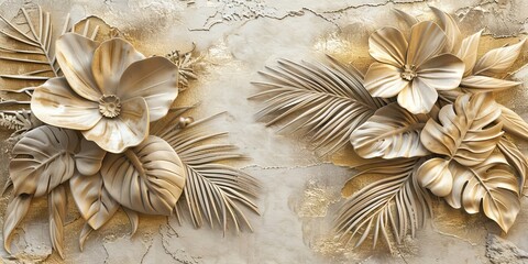 Gold floral plants and palm leaves Wallpaper Mural, 3d illustration, grey background, abstract tropical leaves, banana leaves with 3d lines. AI generated illustration