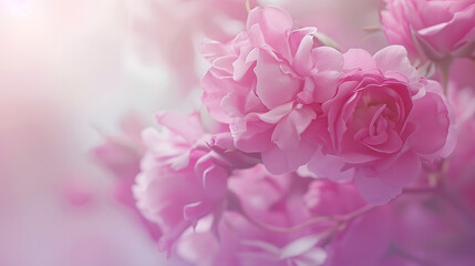 Fototapeta premium Delicate blossoming pink flowers blooming roses festive background flower bouquet pastel image soft petals floral romance card : Generative AI