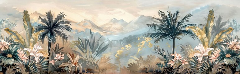 Tropical forest landscape wallpaper design - Mural wallpaper - 3D illustration. AI generated illustration