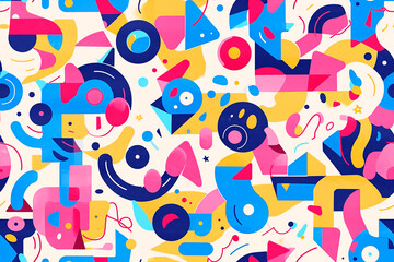 Obraz premium A vibrant geometric pattern featuring bold shapes and colors including pink, blue, yellow, and navy, forming an energetic and dynamic design.