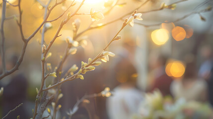 Tree branch in focus with group of people gathered for a wedding faded in the background blurry : Generative AI