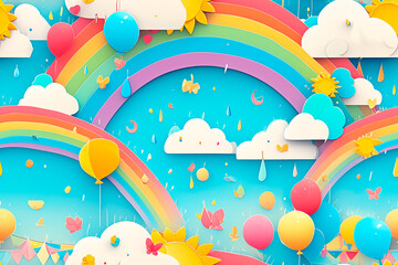 A cheerful pattern with rainbows, clouds, and balloons in pastel colors, giving a joyful and whimsical feel.