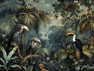 Illustration of tropical wallpaper print design with palm banana leaves and exotic birds on canvas texture. Tropical plants and birds on textured background. AI generated illustration