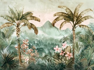 Tropical forest landscape wallpaper design - Mural wallpaper - 3D illustration. AI generated illustration
