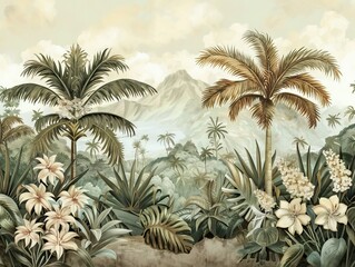 Tropical forest landscape wallpaper design - Mural wallpaper - 3D illustration. AI generated illustration