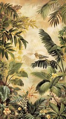 Modern wallpaper. Watercolor jungle illustration. Crane bird elements, watercolor painting wallpaper. Mural wallpaper. AI generated illustration