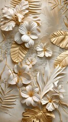 Gold floral plants and palm leaves Wallpaper Mural, 3d illustration, grey background, abstract tropical leaves, banana leaves with 3d lines. AI generated illustration