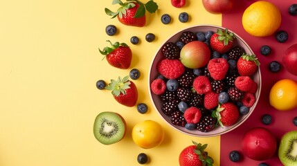 Assorted Fresh Fruits on Yellow and Red Background