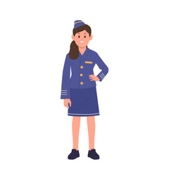 Pretty little girl stewardess children aircraft crew cartoon character posing isolated on white