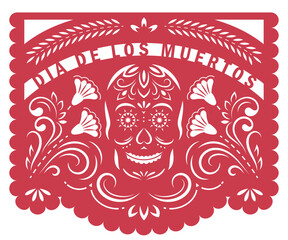 Mexican banner for Day of the Dead, Dia de los Muertos. Decorative garland Papel Picado with floral ornament and skull.