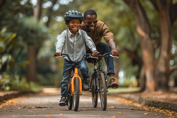 Obraz premium Father and Son Biking in a Park on a Sunny Day