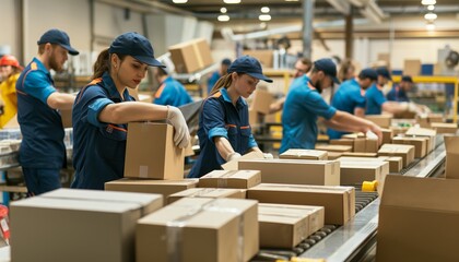 Team of workers in blue uniforms packing products on assembly line in a distribution warehouse