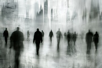 A dynamic photo capturing the ghosting effect of people walking in a busy urban setting, illustrating the motion and vibrancy of city life. highlights the fast paced nature of urban environments