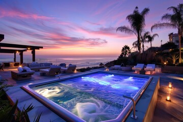 Fototapeta premium Swimming pool on the beach at sunset. Luxury vacation.