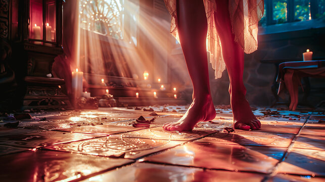Pieds et jambes nues sur le carrelage