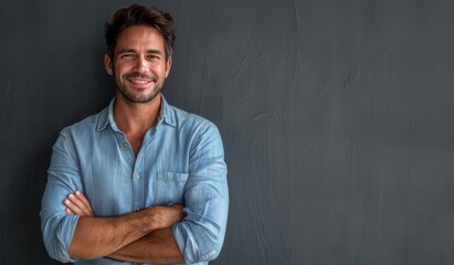 Obraz premium Confident Man Smiling With Arms Crossed in Front of Grey Wall