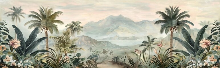 Tropical forest landscape wallpaper design - Mural wallpaper - 3D illustration. AI generated illustration