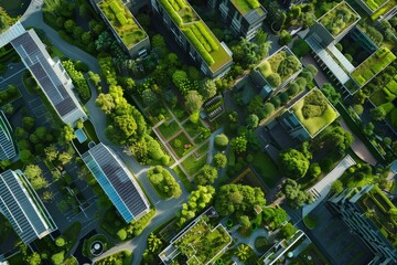 Aerial view of modern residential area with green trees and bushes.