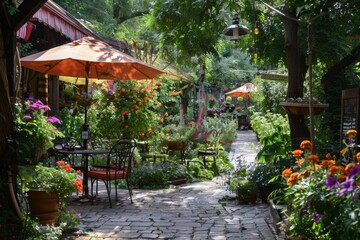Beautiful garden with tables and chairs in a cozy summer cafe.