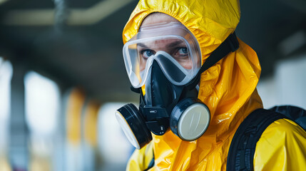 Naklejka premium A woman in a white lab coat and a mask is standing in a room. She is wearing a full body suit and has a serious expression on her face
