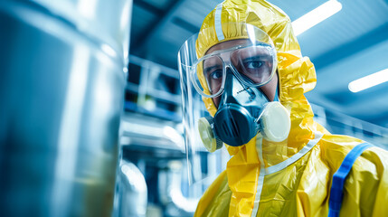 A woman in a white lab coat and a mask is standing in a room. She is wearing a full body suit and has a serious expression on her face