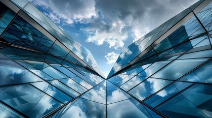 Modern office building with blue glass facade and cloudy sky reflected in windows