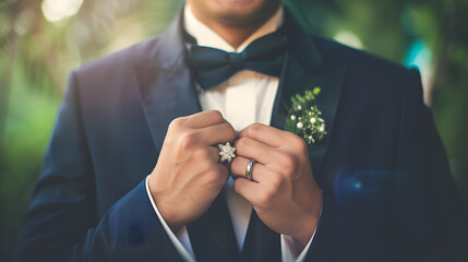 Groom man ring and happy for wedding celebration or commitment to relationship thinking or pride Person metal jewelry and tuxedo suit for marriage smile and hands at event party or rec : Generative AI