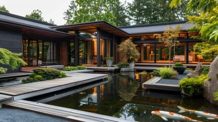 Obraz premium luxury chinese style house in garden with pond and swimming pool