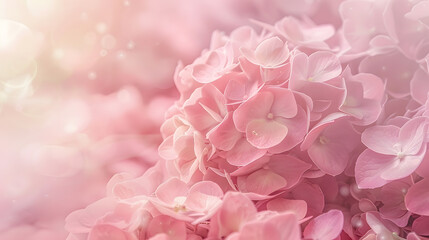 Obraz premium Blurred soft pink color background with hydrangea flowers closeup for wedding backdrop or beauty concept selective focus Floral hazy dim background : Generative AI